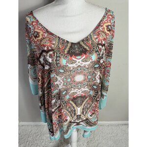Chicos L/XL Multicolor Paisley Print Tunic Top 100% Polyester 3/4 Sleeves Scoop
